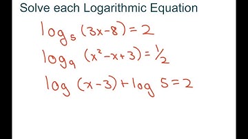 How To Solve Logarithmic Equations. Log_9 (x^2 -x+3)=1/2, log(x-3)+log 5=2, log_5(3x-8)=2