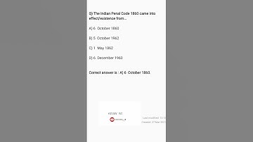 IPC 1860 CAME INTO EFFECT #IPC #MCQ #IPC1860MCQ