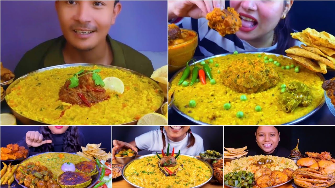 Asmr Eating Yummy Khichdi/খিচুড়ি😋 Dam Aloo Begun Bhaja Beguni Onion Pakoda Papad Achar 😋🔥Bhindi Fry