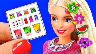 14 DIY MINIATURE BARBIE HACKS Makeup kit, Hair clips, Iron, Hamster and more