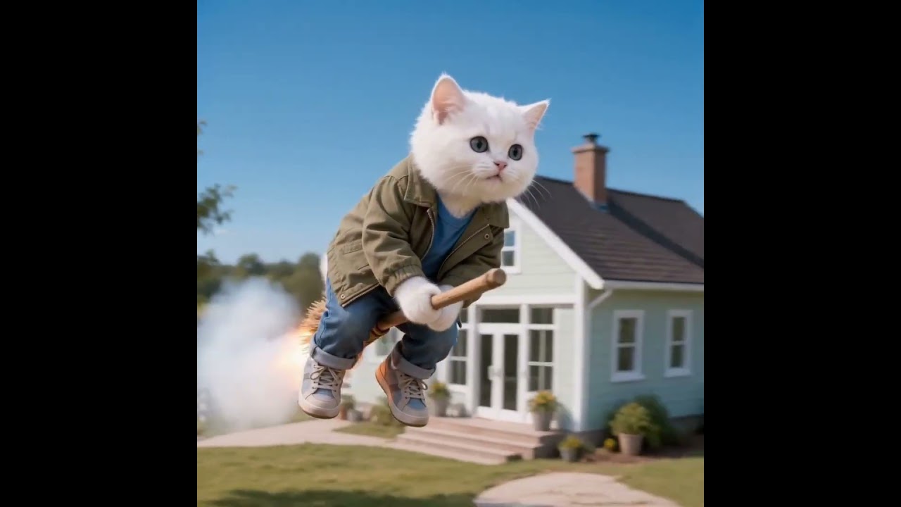 ほうきに乗って飛んでいく猫ちゃんと車で空を飛ぶ猫ちゃん
