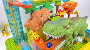 Satisfying Building Blocks Marble Run Race ASMR - Giant Dinosaur T-Rax and Baby