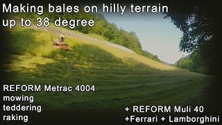 Making bales on hilly terrain REFORM Metrac 4004, mowing, teddering, Raking, baling.