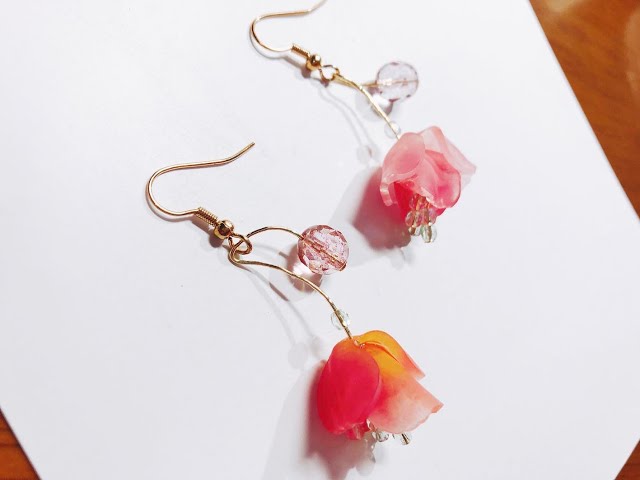 【Shrink Flower DIY】Earrings with beads and shrink flower（like a rose?）