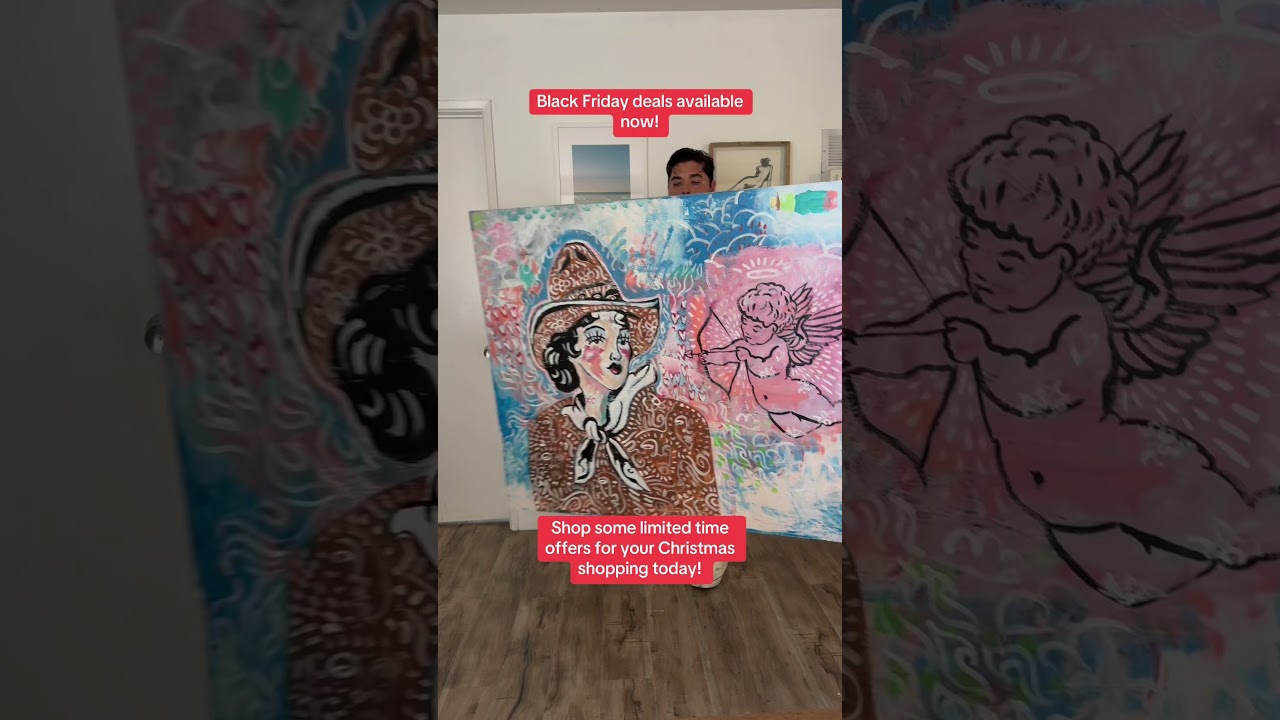 Cowgirl and Cupid tattoo flash style abstract painting as wall art print available for Black Friday