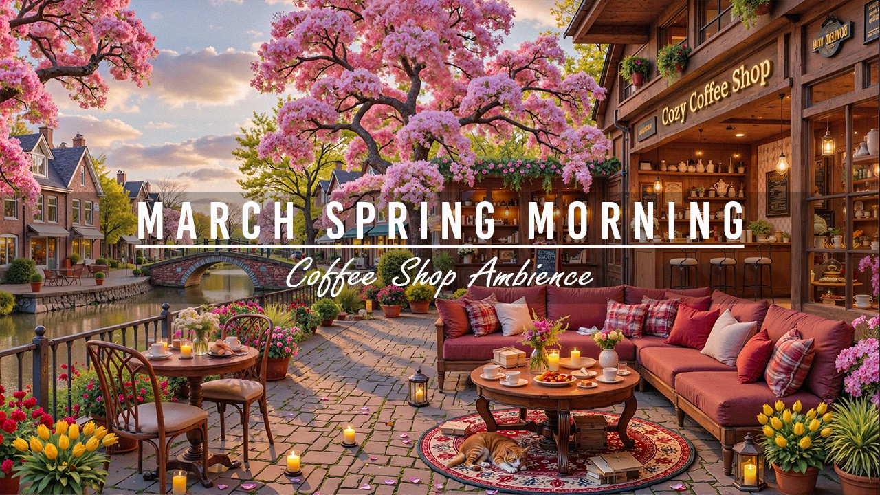 Calm March Spring Morning at Outdoor Coffee Shop Ambience 🌸 Soft Jazz Music for Work, Stress Relief