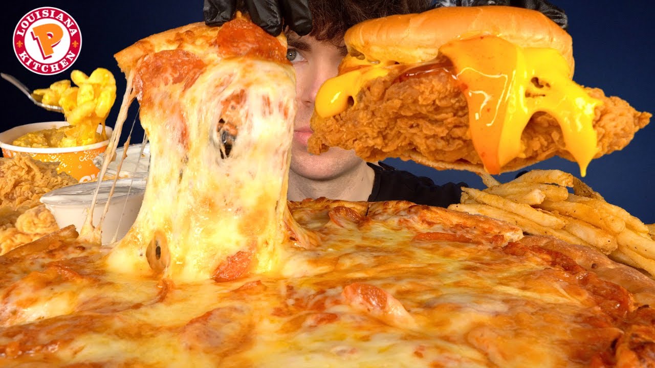 ASMR MUKBANG EXTRA CHEESY PIZZA AND POPEYES CHICKEN | WITH CHEESE