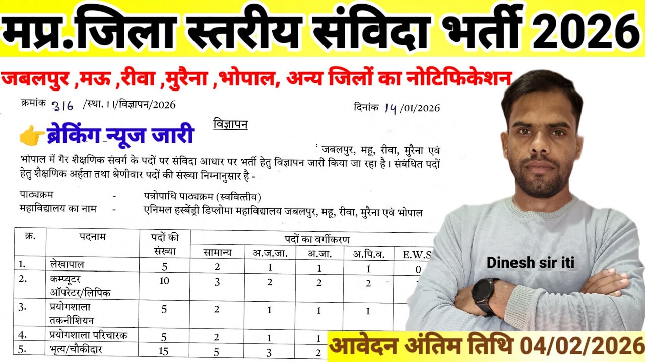 मप्र.समस्त जिलों में संविदा विभिन्न पदों पर भर्ती 2026| नोटिफिकेशन जारी | mp latest Recruitment|