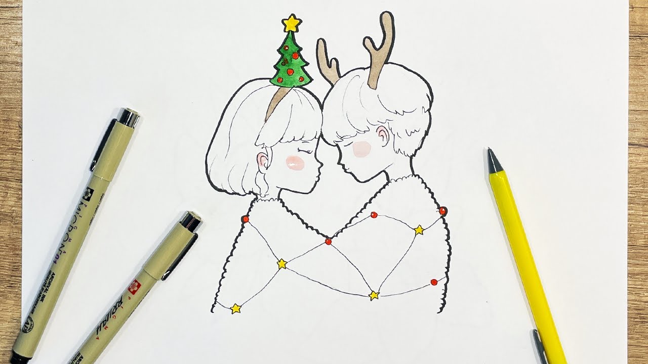 How to draw a Christmas Cute Couple Easy | Draw when you are bored, image size:1280x720
