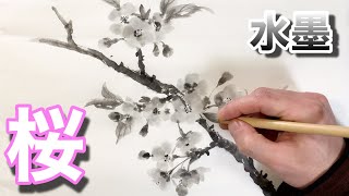 【描き方】墨一色で桜を描く♪ （水墨画）Japanese painting Sumi-e  Cherry Blossoms