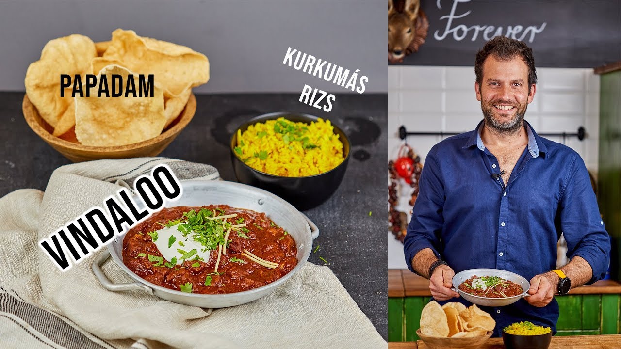 Vindaloo kurkumás rizzsel és papadammal