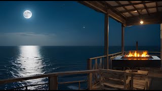 Moonlit Serenity A Cozy Fire on the Veranda by the Sea Relaxing 4K