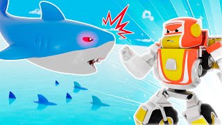 Watch out! ALIEN ROBOT created an army of SHARK clones! Help, SUPER ROBOT! - Transformer Robot Car E