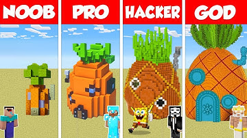 Minecraft Battle: NOOB vs PRO vs HACKER vs GOD: SPONGEBOB HOUSE BASE BUILD CHALLENGE / Animation