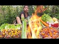 Survival cooking in forest: 100 Chicken egg spicy grilled in bamboo tree - Solo cooking and eat