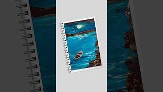 Night Watch: A Lone Boat Under a Cloudy Moon😍 | Deep Blue Acrylic Water Texture Tutorial #shorts