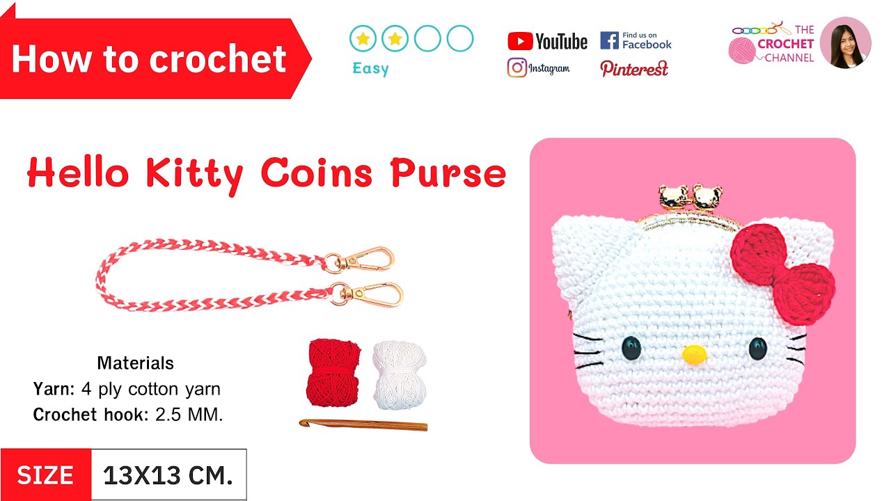 How to crochet a Lovely Hello Kitty Coins Purse, DIY Crochet Bag, Cute Gift (English US term)