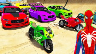 SPIDERMAN CARS MULTI Ramp Jump Challenge ! SUPERHERO HULK BIKE Monster Truck MOTOS Stunts - GTA V