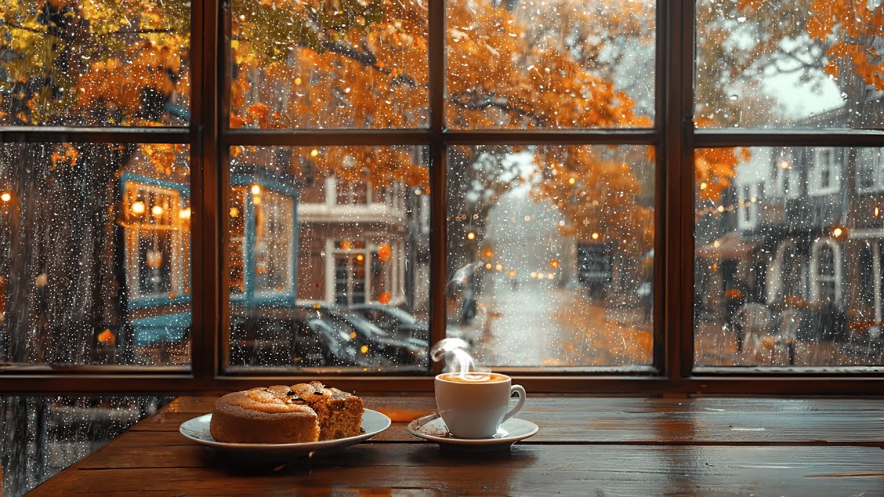 Get Cozy! Rainy Autumn Coffee Shop Ambience💦🍁☕️Rain Sounds & Distance Thunder for Study & Relaxation