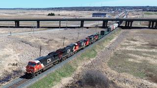 Awesome Aerial 4K View! Four Engines Lead a Big Manifest Train CN 407 towards Fort Lawrence, NS