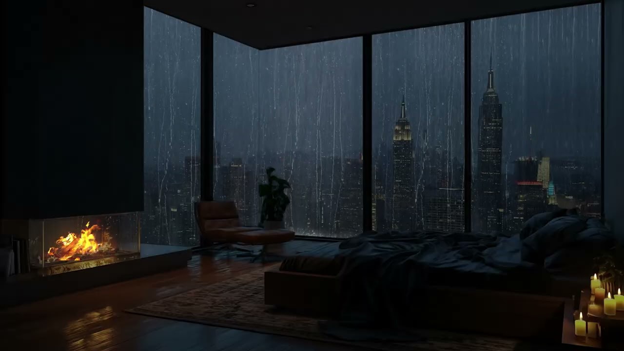 NYC Apartment Rainstorm 🌧️🔥 Window Rain & Fireplace White Noise for Relaxation