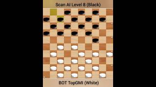 10x10 Checkers, June 2026, Game 1: Scan AI Level 8 (Black) versus BOT iDamesProgram (White).