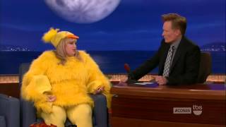 Rebel Wilson does interwiew in a chicken suit