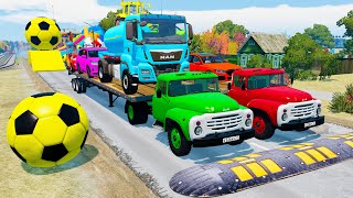 Double Flatbed Trailer Truck vs Speedbumps Train vs Cars | Tractor vs Train Beamng.Drive 014