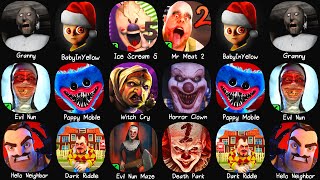 Granny, Baby In Yellow, Ice Scream 5, Evil Nun, Mr Meat 2, Poppy Mobile, Dark Riddle, Hello Neighbor