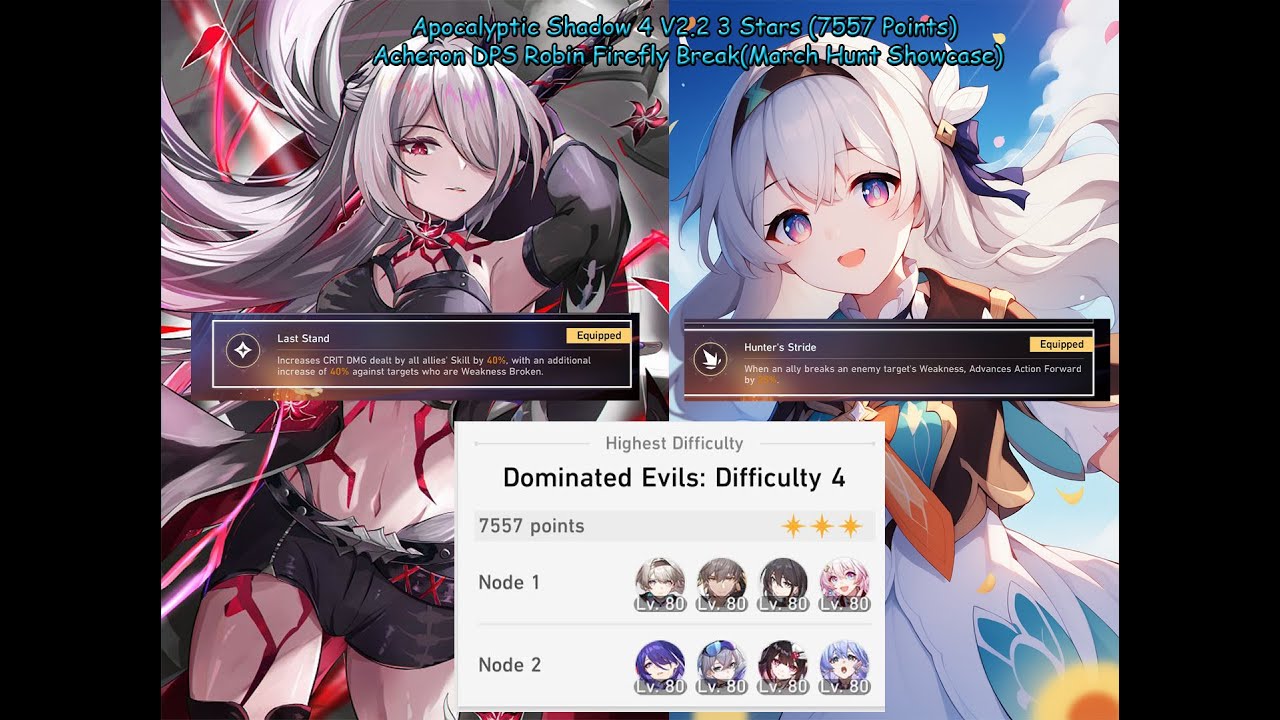 Apocalyptic Shadow 4 2.4 3 Stars (7557 Points) Acheron DPS Robin Firefly Break(March Hunt Showcase)