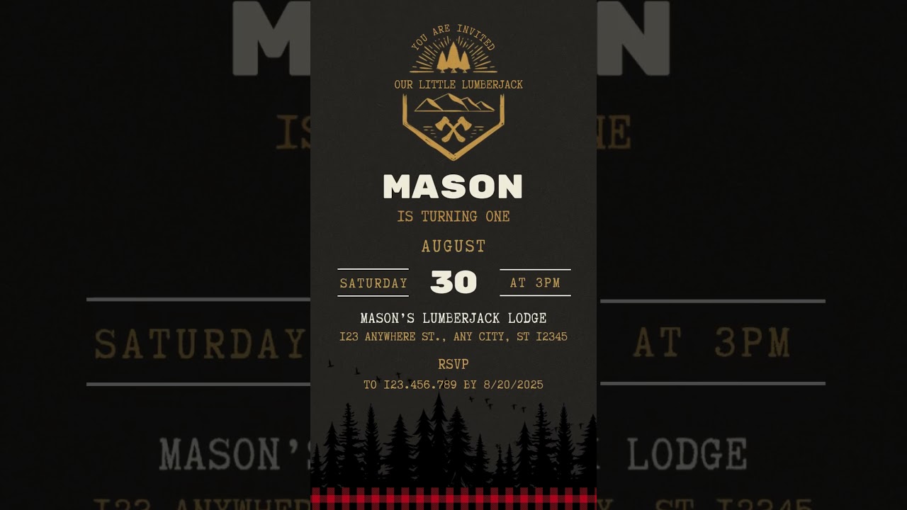 Animated Rustic Lumberjack Birthday Invite |Kids Party Invitation, Editable Canva Template