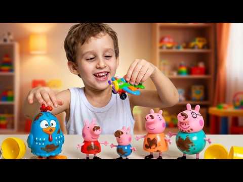 Paulinho and the Peppa Pig family open Kinder Eggs and Galinha Pintadinha video for kids