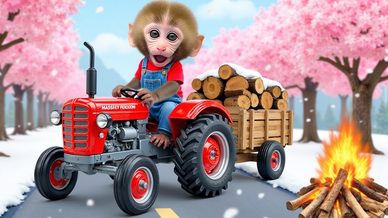 Monkey Nana is driving a homemade tractor and building a cozy, warm fireplace in the snowy weather