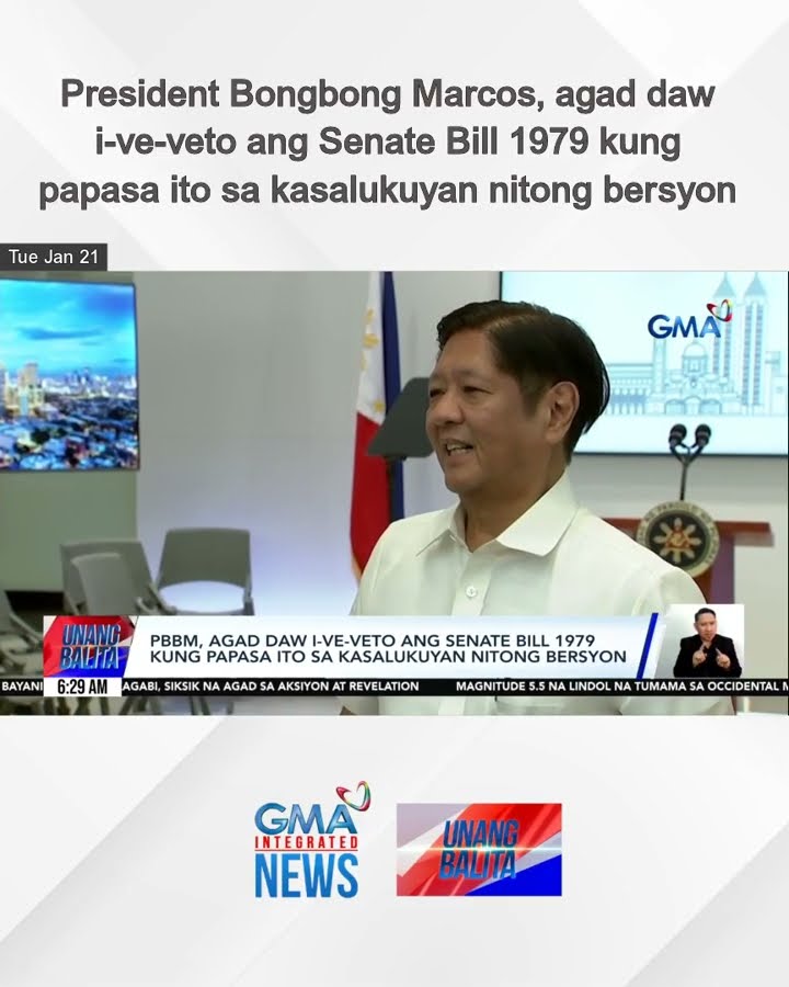 President Bongbong Marcos, agad daw i-ve-veto ang Senate Bill 1979 kung papasa ito... | Unang Balita