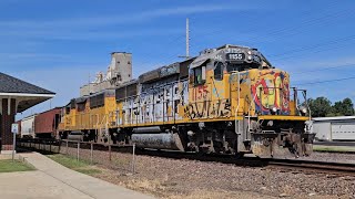 8-21-26 UP1155 covered up in graffiti leads the LSI55 at Dexter, MO