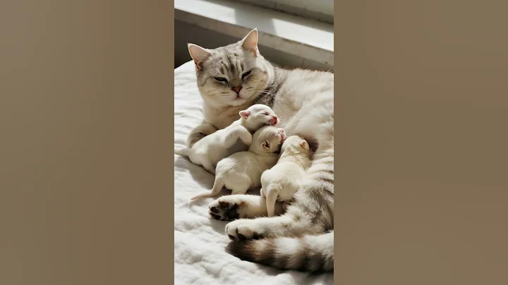 Watch the video about Scottish Fold Cat Mom Cuddling Three Newborn Puppies – Morning Peace at Its Sweetest