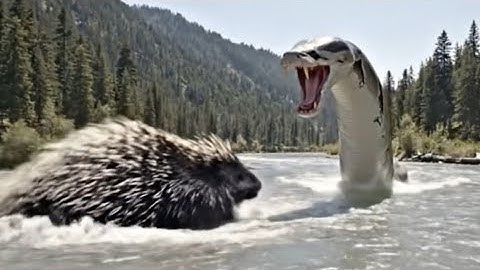 Python vs porcupine Fighting,The battle on the river bank to save one