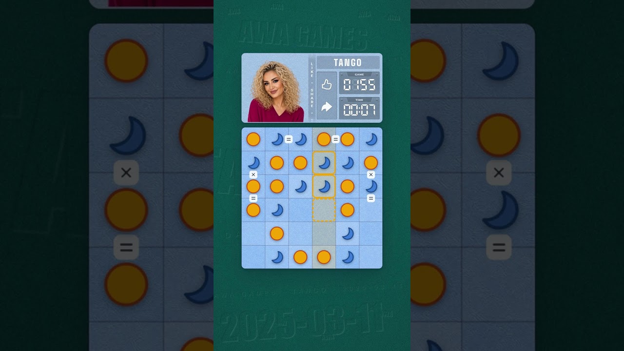LinkedIn Tango #155 solved board for March 11, 2025, 6x6 grid