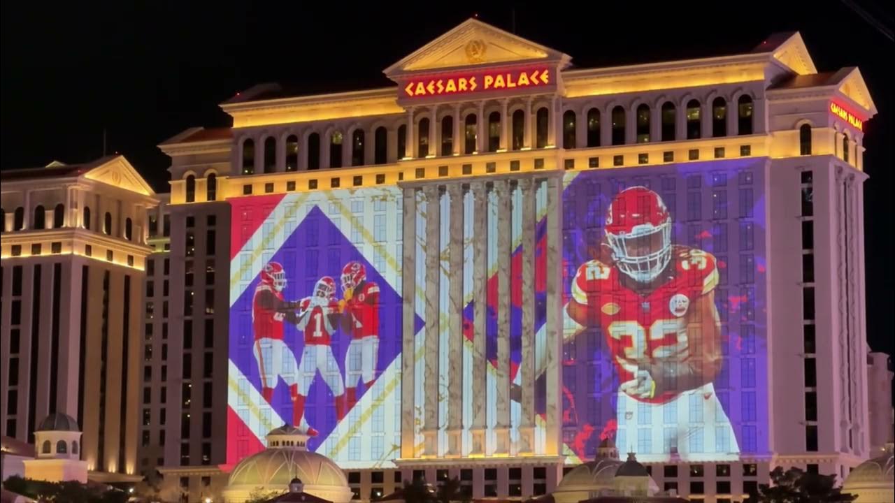 Caesars Palace Super Bowl Projection on Side of Resort Tower on Las