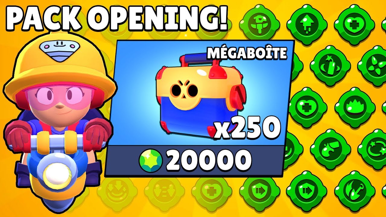 Pack Opening Brawl Stars Jacky Et Tous Les Gadgets 250 Mega Boite 20000 Gemmes Youtube - romain brawl stars pack opening