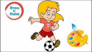 Draw and paint a girl soccer player Coloring page for kids