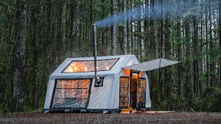 Cozy Winter Camping in the Rain with Inflatable Tent and Wood Stove | ASMR