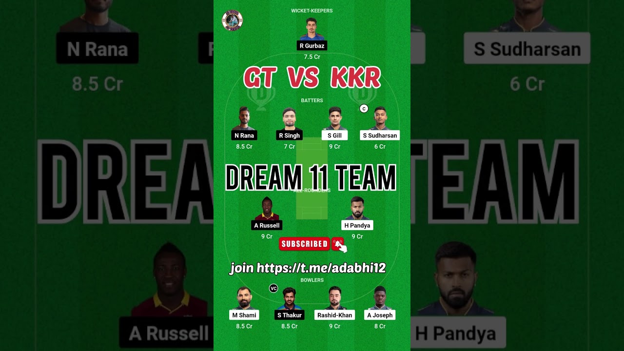 GT VS KKR || DREAM 11 TEAM ||