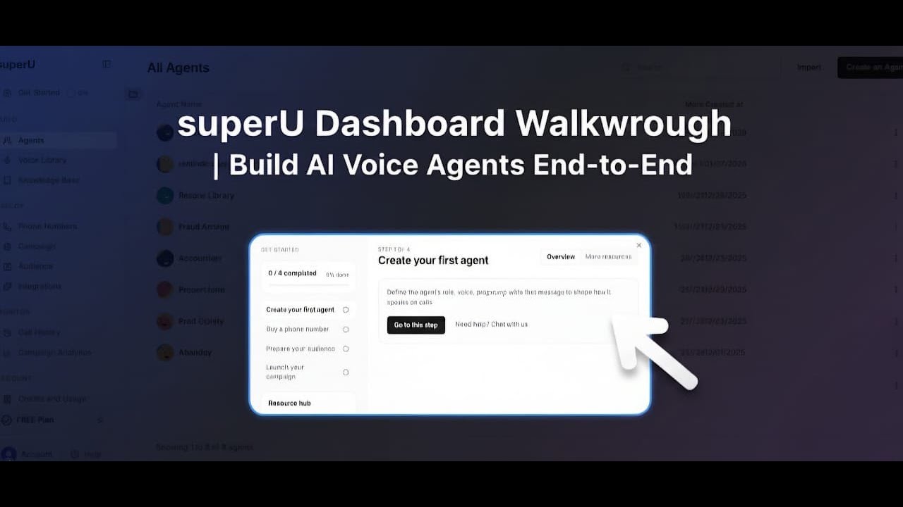 SuperU Dashboard Walkthrough for building AI voice agents