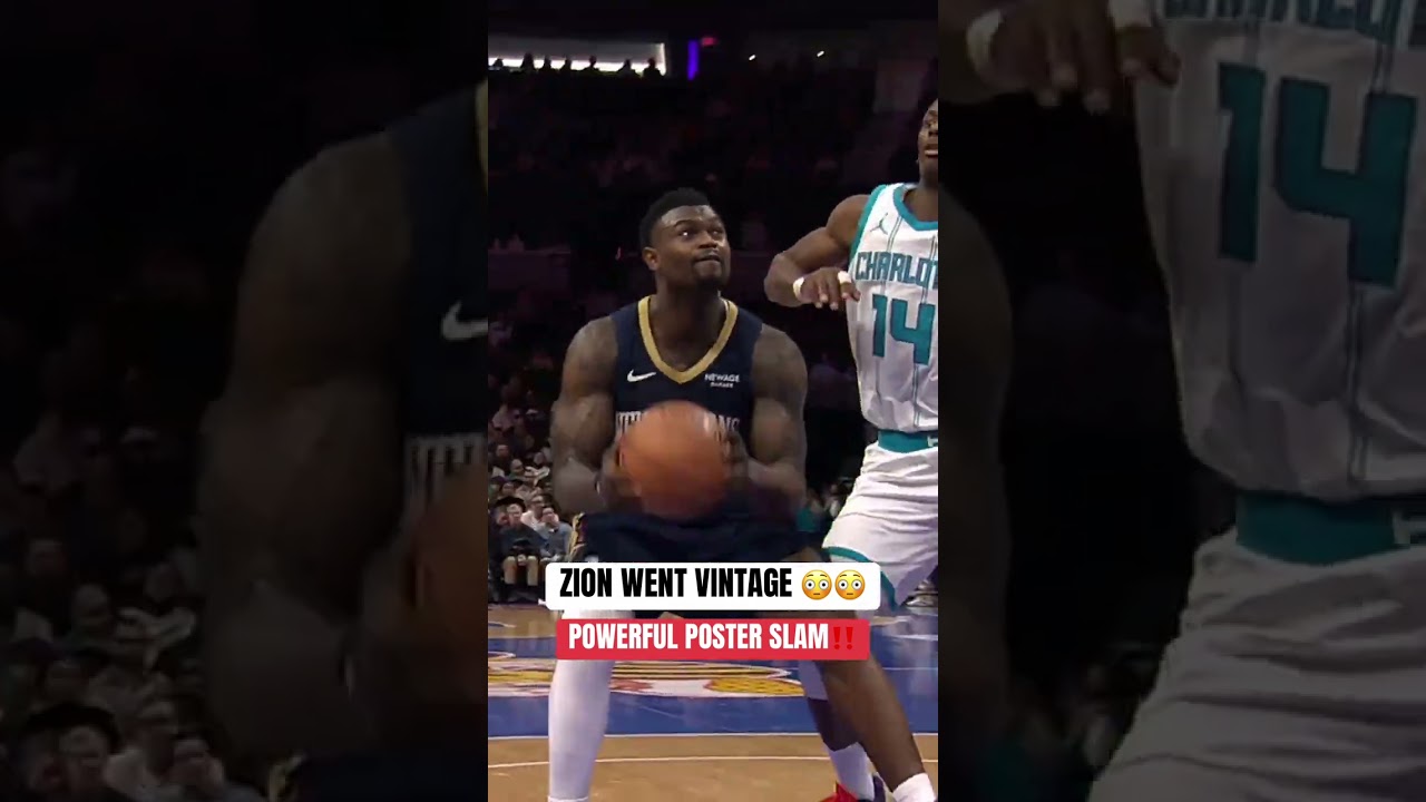 Зайон взмывает в воздух и мощно забивает мяч двумя руками, эффектно сбивая соперника с ног‼️