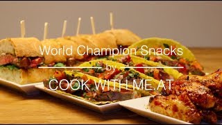 Big Game Day Snacks - Miso Chicken Wings, Tagliata Flank Sandwich & Txogitxu Steak Tacos
Please vote for me and my recipe & win: https://goo.gl/YEyNNg
Find the ME.AT here: https://goo.gl/PgpDRq
Subscribe to COOK WITH ME.AT: http://www.youtube.com/cookwithmeat
Subscribe to BBQ aus Rheinhessen: https://www.youtube.com/bbqausrheinhessen
Recipe in the description and at www.cookwithme.at
COOK WITH ME.AT on Facebook: www.facebook.com/cookwithmeat
On Twitter: https://twitter.com/COOK_WITH_MEAT
On Instagram: https://www.instagram.com/cook_with_meat
xxxxxxxxxxxxxxxxxxxxxxxxxxxxxxx
Used tools & products
ME.AT from Don Carne: https://goo.gl/PgpDRq
Global Knife: http://amzn.to/2nVnW7v
Cutting Board: http://www.holzdesign-reinicke.de/
My Camera: http://amzn.to/1OaSKg4
My Tripod: http://amzn.to/1PTl4DI
All “amzn.to” links are so called affiliate links. For you no extra costs arise, but in the case of a purchase I receive a commission and you support my channel. Many thanks in advance
xxxxxxxxxxxxxxxxxxxxxxxxxxxxxxx
How to make an unbelievable tasty grilled Ponzu Rib Eye Steak:
Ingrediens:
Chicken Wings: 2 kg chicken wings I sesame oil I salt & pepper
Miso sauce: 2 garlic cloves I 2 T peanut butter oil I 120 ml mirin I 120 ml soy sauce I 240 ml ginger ale I 1 T rice wine vinegar I 1 T sesame oil I 3 T miso paste I 1 T sriracha hot sauce I 50 g sugar
Tagliata Flank Steak Sandwich: ciabatta I 2 T mayo I 1 T pesto I rocket salad I 1 lemon I s&p I parmesan cheese I 1 flank steak
Txogitxu Tacos: 2 x Txogitxu roast beef steaks I tomato salsa I aioli slaw I s&p I taco shells
Music:
Artist: Ottis McDonald
Title: Magic Part 2
The artist granted a licence for free use at the YouTube music library.
A Special thanks goes to Don Carne www.doncarne.de for supporting the video! Big Game Day Snacks - Miso Chicken Wings, Tagliata Flank Sandwich & Txogitxu Steak Tacos