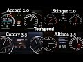 Honda accord Vs Nissan Altima Vs Toyota Camry Vs Kia Stinger top speed / 0-200 speed comparison