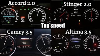 Honda accord Vs Nissan Altima Vs Toyota Camry Vs Kia Stinger top speed \/ 0-200 speed comparison