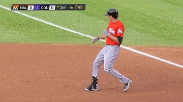 MIA@COL: Yelich notches first career hit with single