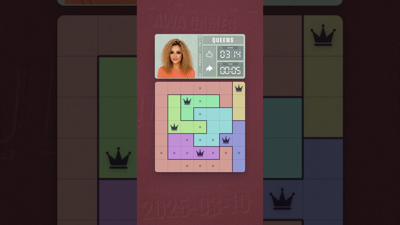 LinkedIn Queens #314 solved board for March 10, 2025, 7x7 grid